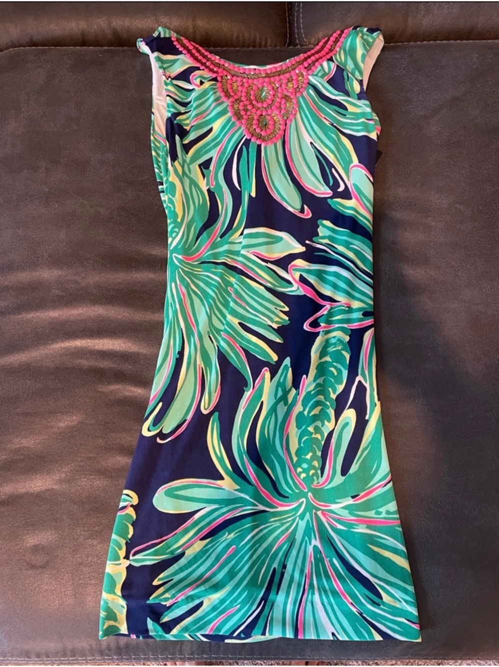 Lilly Pulitzer Tropical Navy Shift Dress with Pink Embellished Neckline EUC XS